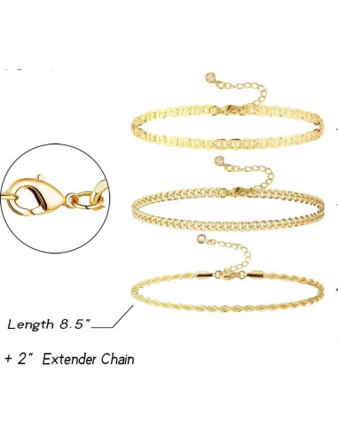 Tobilleras de Oro 14k para Mujeres Impermeables 3pcs
