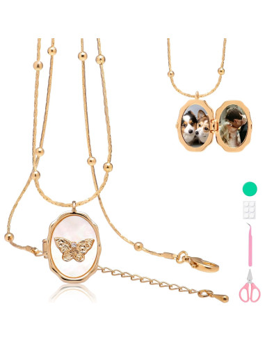 Collar Locket de Foto Vintage Mariposa Dorado con Herramientas