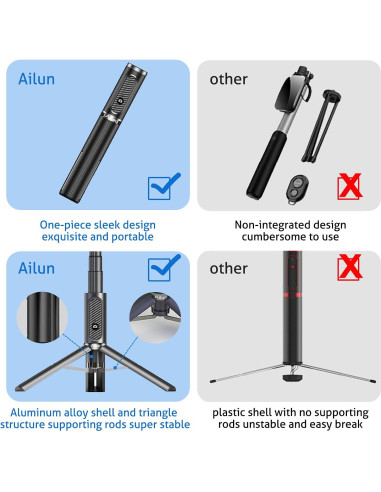 Bastón de Selfie Trípode Ailun Aluminio 3 en 1 Bluetooth 360