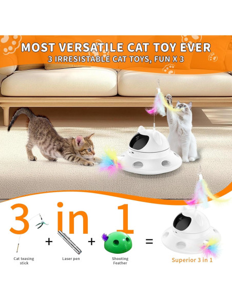 Juguete Interactivo para Gatos 3-en-1 - Laser y Pluma - USB