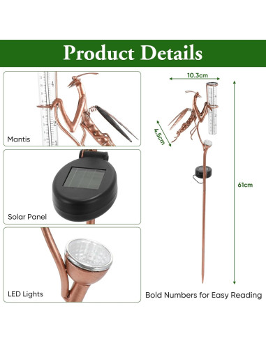 Pluviómetro Solar Mantis de Metal y Vidrio 63.5 cm