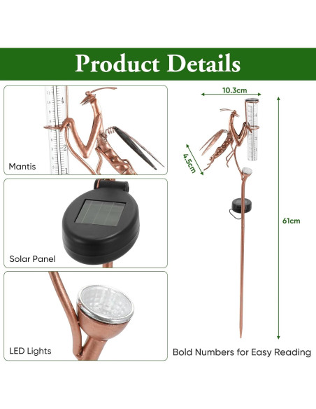 Pluviómetro Solar Mantis de Metal y Vidrio 63.5 cm