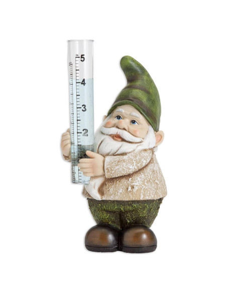 Escultura Medidor de Lluvia Gnomo Pintado a Mano 20.3 cm