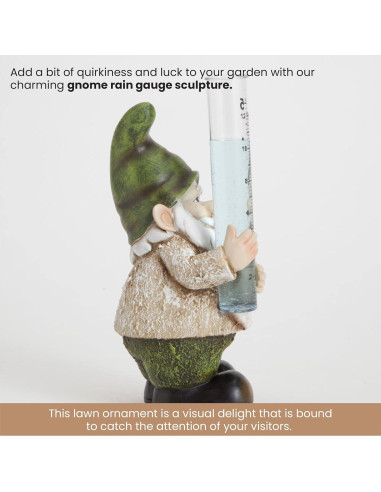 Escultura Medidor de Lluvia Gnomo Pintado a Mano 20.3 cm