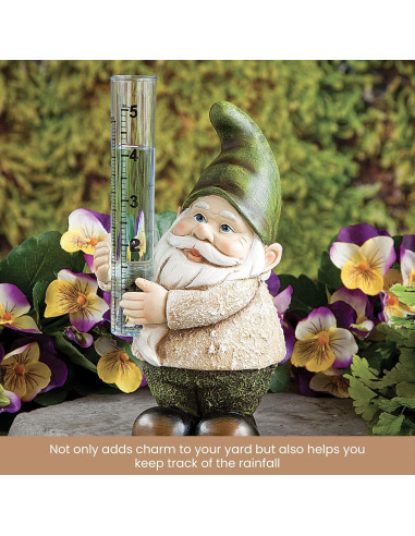 Escultura Medidor de Lluvia Gnomo Pintado a Mano 20.3 cm