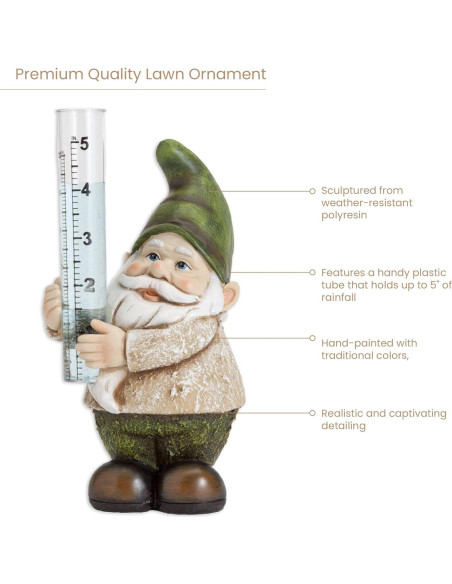 Escultura Medidor de Lluvia Gnomo Pintado a Mano 20.3 cm