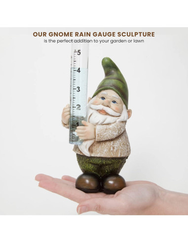 Escultura Medidor de Lluvia Gnomo Pintado a Mano 20.3 cm