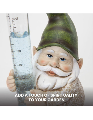 Escultura Medidor de Lluvia Gnomo Pintado a Mano 20.3 cm