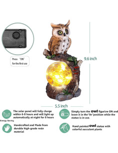 Estatua de Jardín Solar Búho con Linterna de Cristal 24.6cm 2