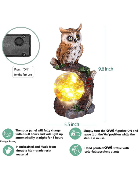 Estatua de Jardín Solar Búho con Linterna de Cristal 24.6cm