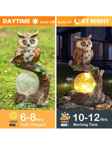 Estatua de Jardín Solar Búho con Linterna de Cristal 24.6cm