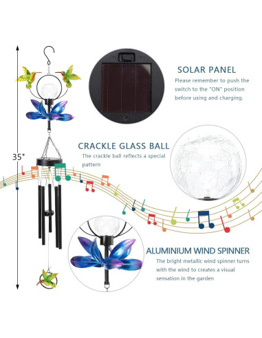 Campanas de Viento Solares Taman Colibrí 89 cm para Jardín