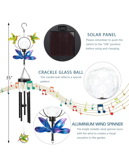Campanas de Viento Solares Taman Colibrí 89 cm para Jardín