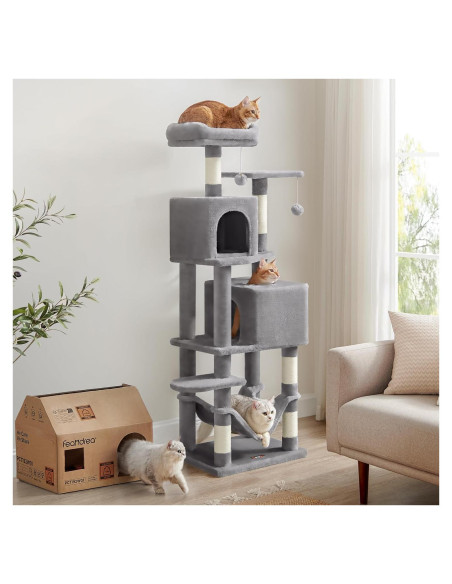 Árbol para Gatos Feandrea 155 cm Gris Claro con 2 Cuevas y 2 Perchas