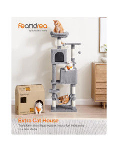 Árbol para Gatos Feandrea 155 cm Gris Claro con 2 Cuevas y 2 Perchas 2