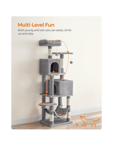 Árbol para Gatos Feandrea 155 cm Gris Claro con 2 Cuevas y 2 Perchas