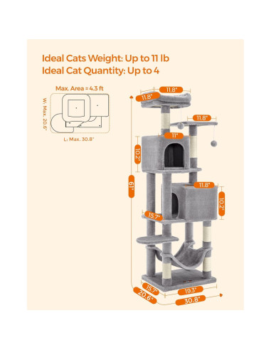 Árbol para Gatos Feandrea 155 cm Gris Claro con 2 Cuevas y 2 Perchas