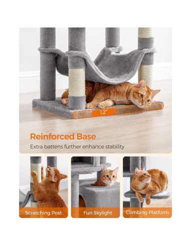 Árbol para Gatos Feandrea 155 cm Gris Claro con 2 Cuevas y 2 Perchas