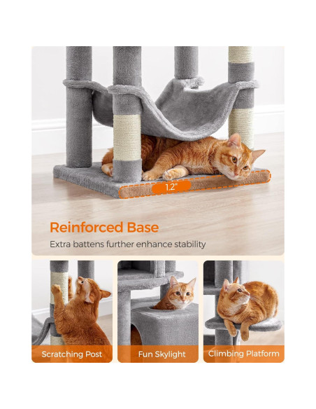 Árbol para Gatos Feandrea 155 cm Gris Claro con 2 Cuevas y 2 Perchas