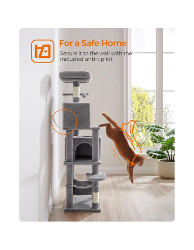 Árbol para Gatos Feandrea 155 cm Gris Claro con 2 Cuevas y 2 Perchas