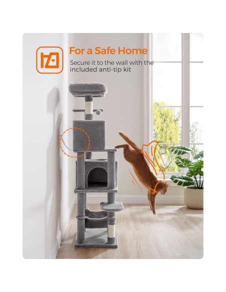 Árbol para Gatos Feandrea 155 cm Gris Claro con 2 Cuevas y 2 Perchas