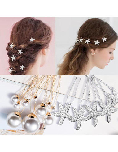 Juego de 23 Pinzas para el Cabello Xiuouix - Perlas y Estrella de Mar