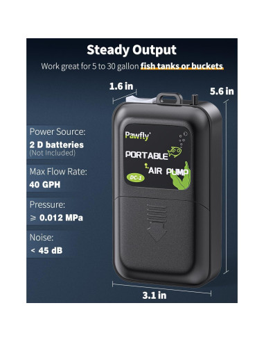 Bomba de Aire a Batería Pawfly 40 GPH para Acuario 5-30 Gal
