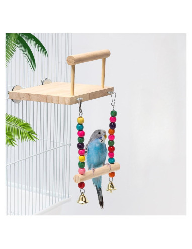 Plataforma y Columpio para Aves DEFKIYT - 14x12 cm, Madera Natural