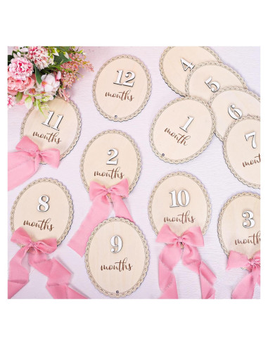 12 Tarjetas Mensuales de Hitos para Bebés de Madera con Lazo Rosa