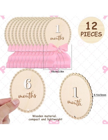 12 Tarjetas Mensuales de Hitos para Bebés de Madera con Lazo Rosa