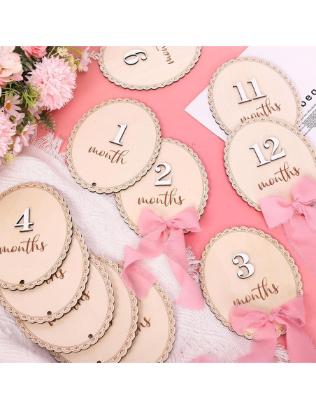 12 Tarjetas Mensuales de Hitos para Bebés de Madera con Lazo Rosa