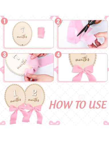 12 Tarjetas Mensuales de Hitos para Bebés de Madera con Lazo Rosa