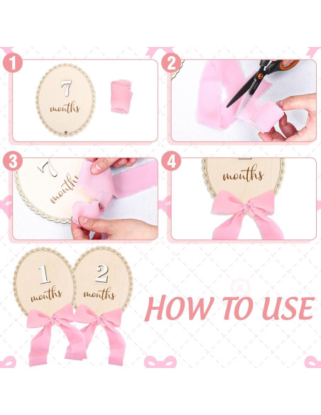 12 Tarjetas Mensuales de Hitos para Bebés de Madera con Lazo Rosa