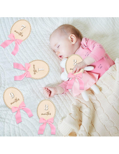 12 Tarjetas Mensuales de Hitos para Bebés de Madera con Lazo Rosa