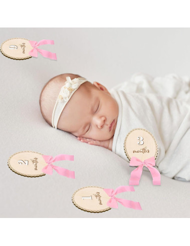 12 Tarjetas Mensuales de Hitos para Bebés de Madera con Lazo Rosa