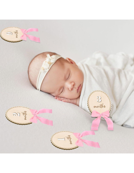 12 Tarjetas Mensuales de Hitos para Bebés de Madera con Lazo Rosa