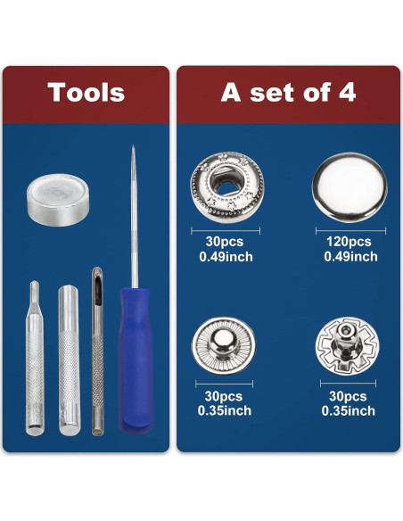Kit de 120 Broches de Metal Plateado 12.5mm Juasky con Herramientas