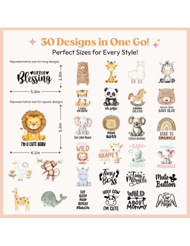 Transferencias DTF Kaciola 30 Hojas Animales Bebé 7.62-15.24 cm