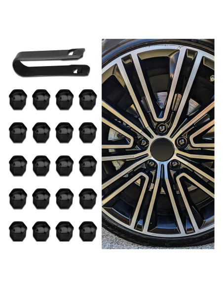 20 Tapas de Tuercas de Rueda Hexagonales 17mm Tecledsn Negro