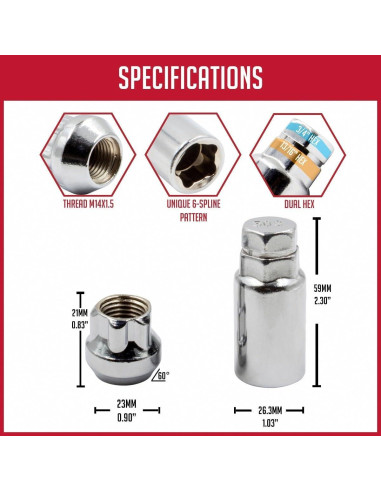 Cerraduras de Rueda M14x1.5 Cromadas 4 Piezas + Llave