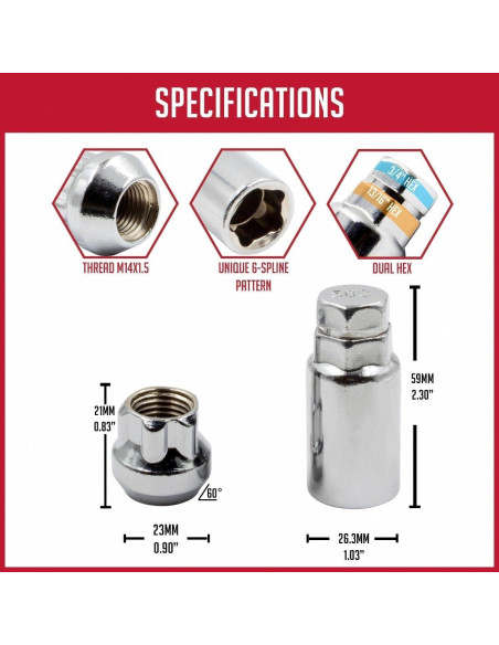 Cerraduras de Rueda M14x1.5 Cromadas 4 Piezas + Llave