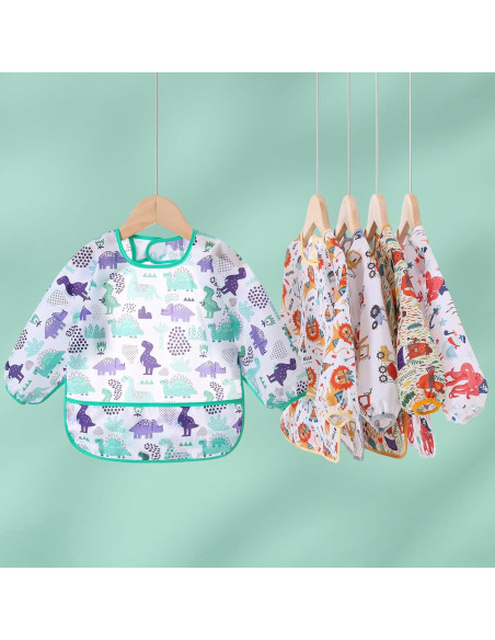 Baberos impermeables con mangas YeeLauf, paquete de 5 para bebés