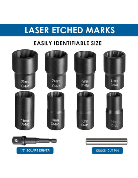 Juego de 10 Extractores de Tuercas de Rueda Thinkpro 14-27mm