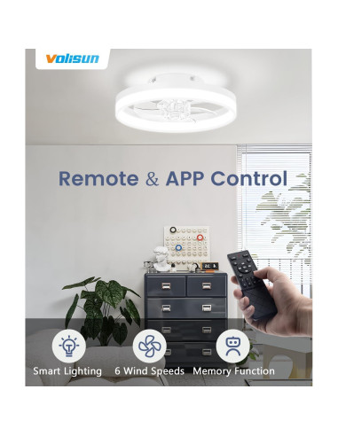 Ventilador de Techo VOLISUN 33 cm con Luz LED y Control Remoto