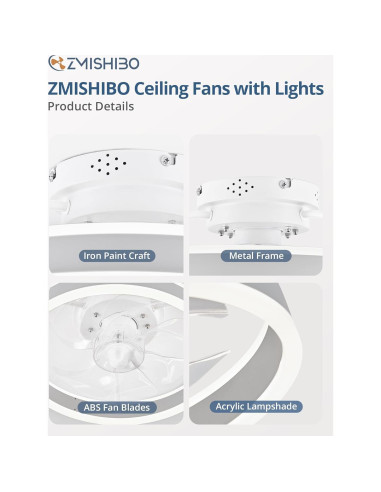 Ventilador de Techo ZMISHIBO 33 cm con Luz LED y Control Remoto