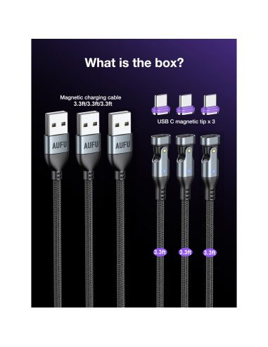 Cable de Carga Magnético USB C AUFU 3Pack 1m 16PIN