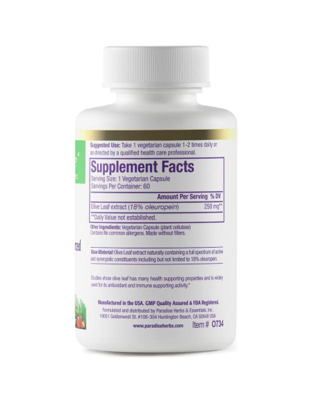 Extracto de Hoja de Olivo Paradise Herbs 60 Cápsulas Veganas