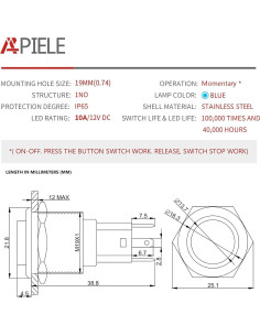 Interruptor Momentáneo 19mm APIELE 10A Acero Inoxidable IP65 2