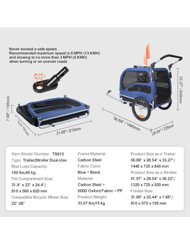 Remolque de Bicicleta para Perros VEVOR 45 kg Plegable Negro