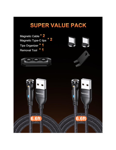 Cable de Carga Magnético USB C VAFOTON 9PIN 2m 18W 2Pack